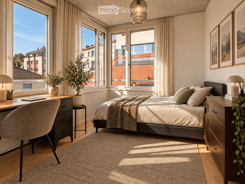 Modern bedroom with large windows, a bed with pillows and a blanket, a desk with a chair, a nightstand with a lamp, and decorative plants.