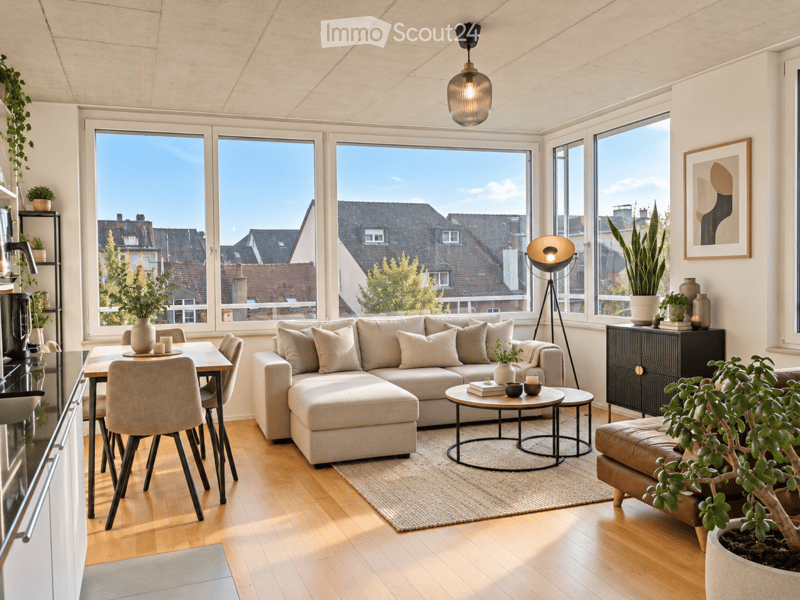 Modern living room with large windows offering a cityscape view, featuring a beige sectional sofa, coffee table, dining table with chairs, floor lamp, and several potted plants.