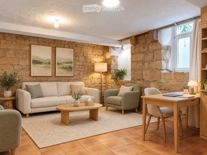 Cozy living room with a stone wall, a light-colored sofa, armchair, coffee table, desk with laptop, and decorative plants.