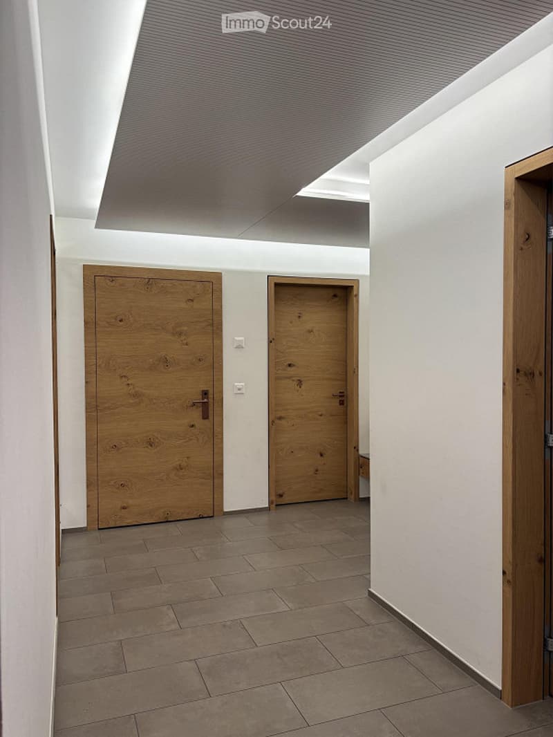 Modern hallway with two wooden doors, tiled floor, and recessed lighting.
