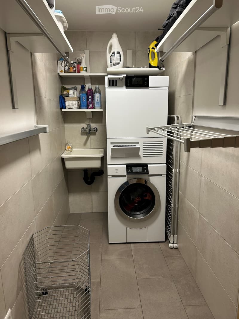Modern bathroom with a washing machine, sink, shelves, and various cleaning supplies.