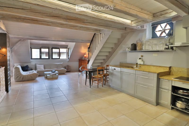 Open-plan living and dining area with a modern kitchen, featuring a sofa, chairs, a dining table, and kitchen appliances.