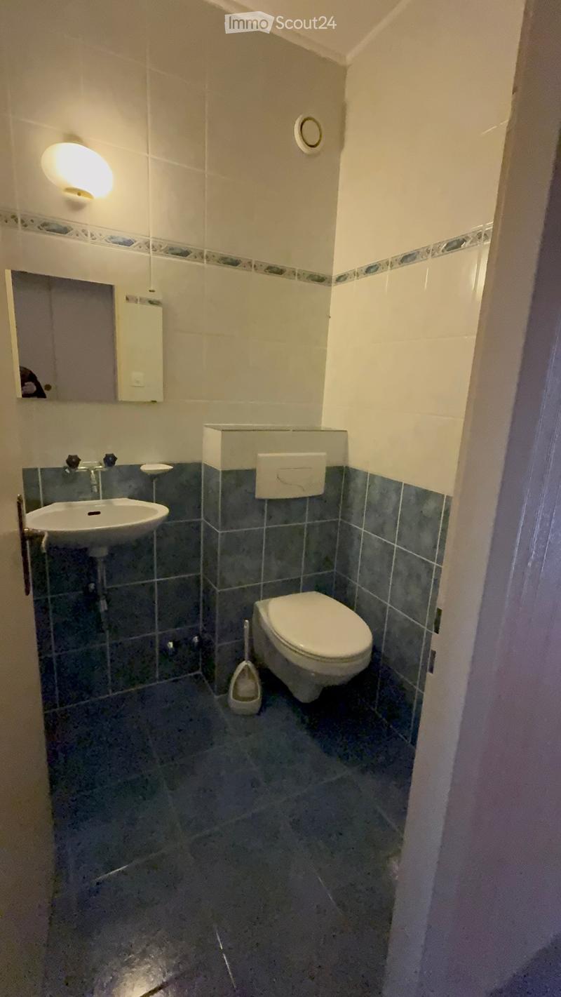 Small bathroom with a toilet, sink, mirror, and light fixture. Blue tiles on lower walls and white tiles on upper walls.