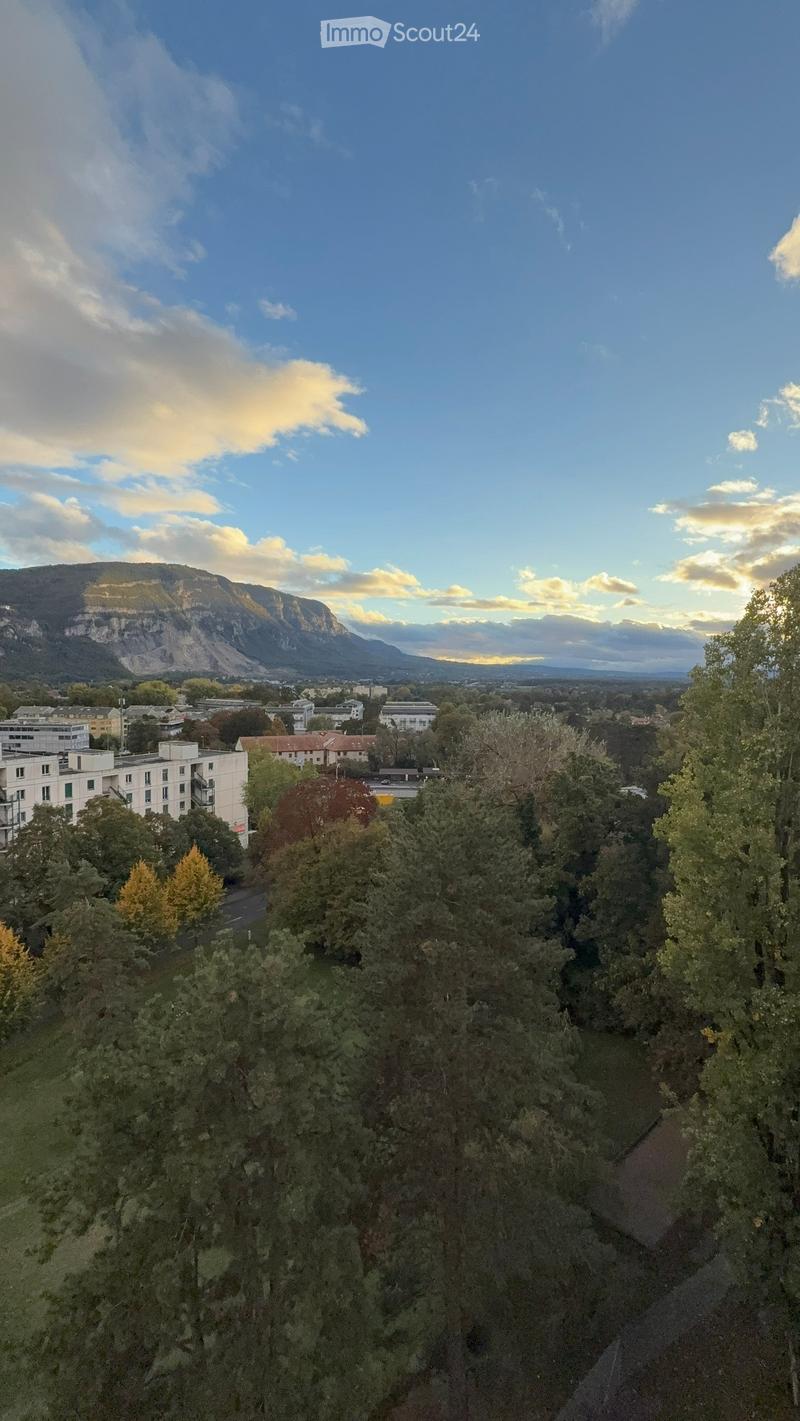 A panoramic view of a cityscape with buildings, trees, and distant mountains under a partly cloudy sky.