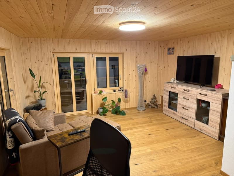 Cozy living room with wooden walls and ceiling, a sofa, coffee table, TV stand, and a potted plant.
