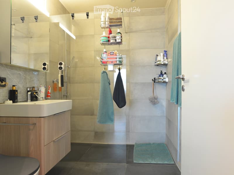 Modern bathroom with a white sink, wooden cabinet, large mirror, glass shower enclosure, and neatly arranged towels and toiletries.
