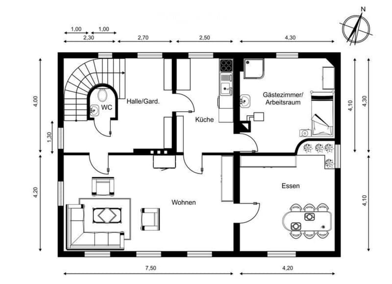 Floor plan of a 1-bedroom apartment with living room, dining area, kitchen, bathroom, and hallway.