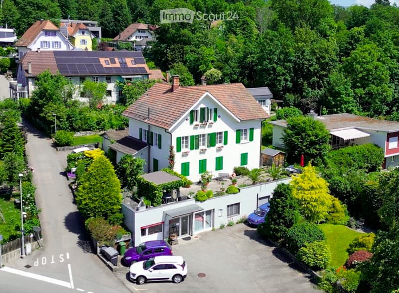 Aerial view of a residential neighborhood with multiple houses, green trees, parked cars, and a driveway.