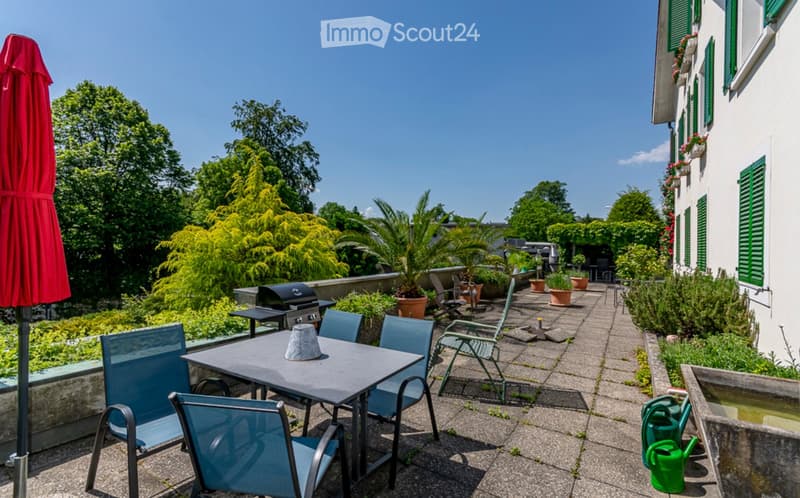A well-maintained garden area with a patio, outdoor furniture, potted plants, and a barbecue, surrounded by greenery and a clear blue sky.