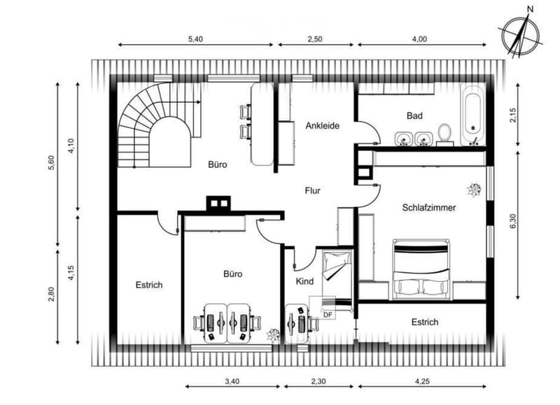 Floor plan of a residential unit featuring a living area, two offices, a bedroom, a bathroom, and a child's room. Includes dimensions and layout details.
