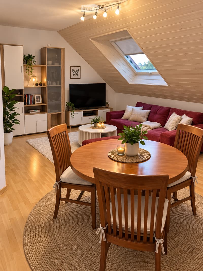 Bright, modern living and dining area with wooden floors, a red sofa, a coffee table, a dining table with chairs, a TV, and a cabinet with decorative items.