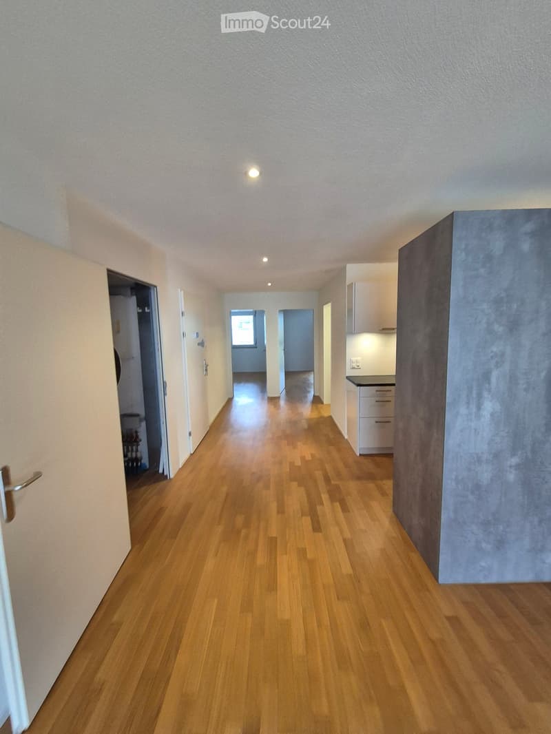 A long, narrow hallway with wooden flooring and white walls, featuring recessed ceiling lights and several doors leading to different rooms.