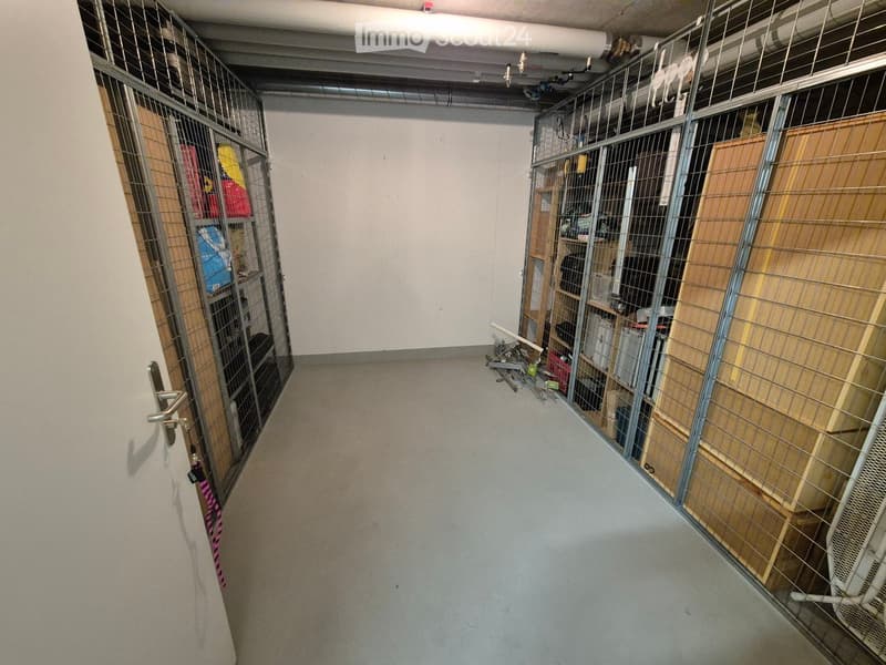 Empty hallway with metal cages on both sides, concrete floor, white walls, and a door on the left side.