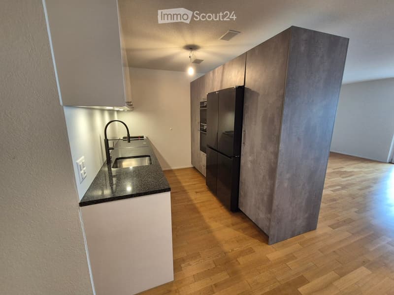 Modern kitchen with wooden flooring, black granite countertops, stainless steel sink and faucet, built-in refrigerator, and oven.