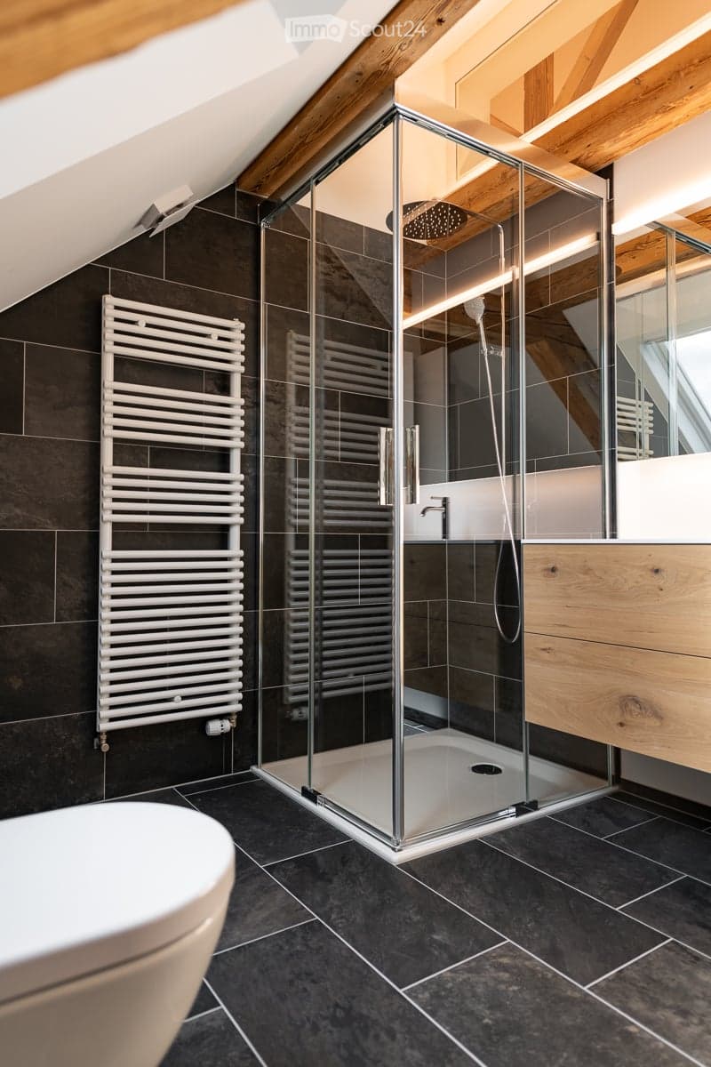 Modern bathroom with dark tiles, a glass-enclosed shower, a white radiator, and a toilet.