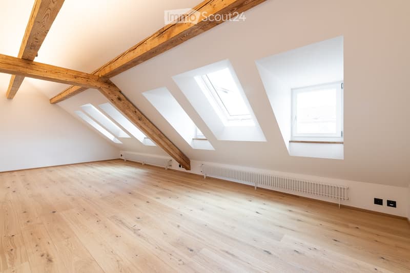 Empty attic room with wooden floors, exposed wooden beams, and skylights providing natural light. The walls are painted in a light, neutral color, and there are radiators along the walls.