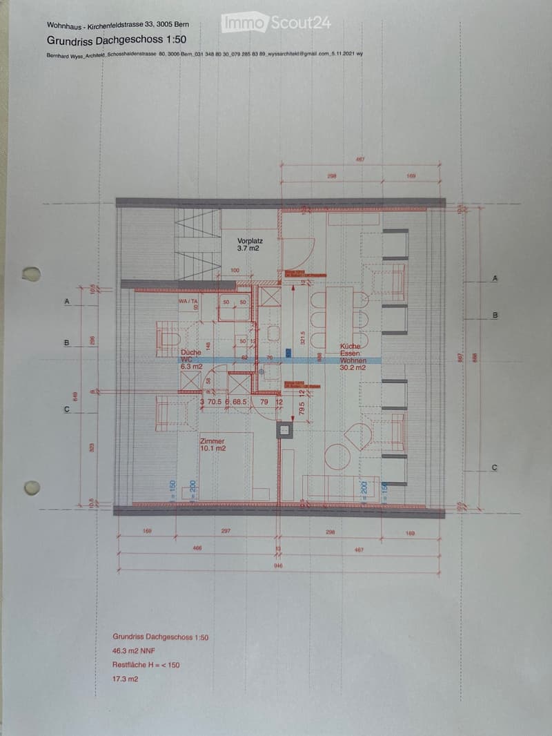 Floor plan of a roof level showing a small entrance area, bathroom, bedroom, kitchen, and living space.