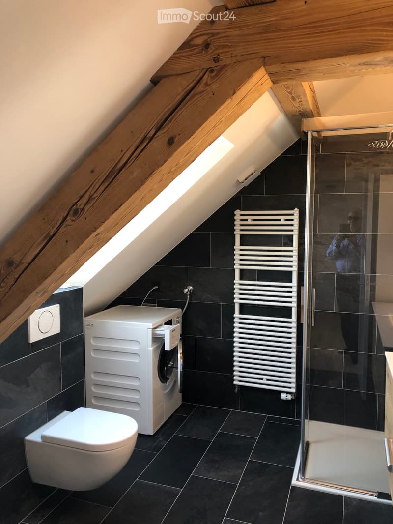 Modern attic bathroom with black tiles, white toilet, integrated washing machine, glass shower enclosure, and a white radiator.