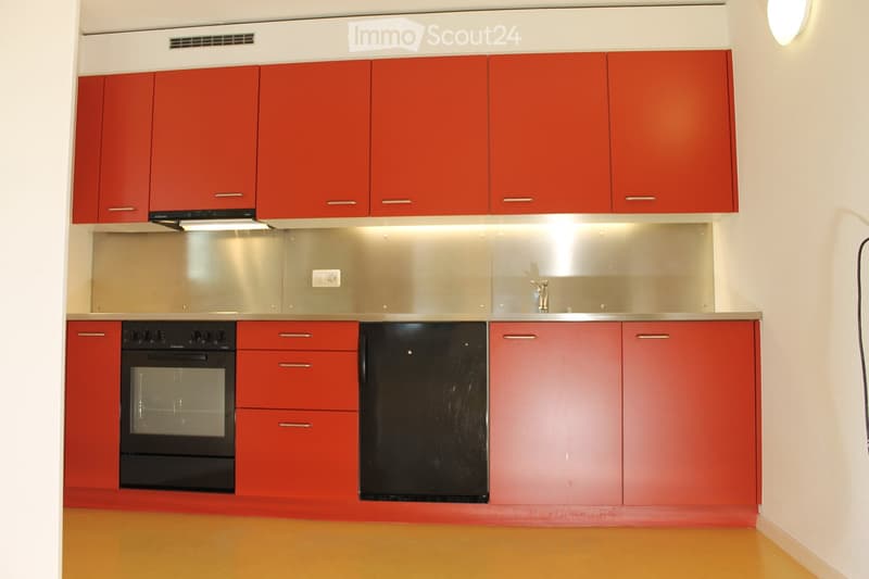 Modern kitchen with red cabinets, stainless steel appliances, and a sleek design.