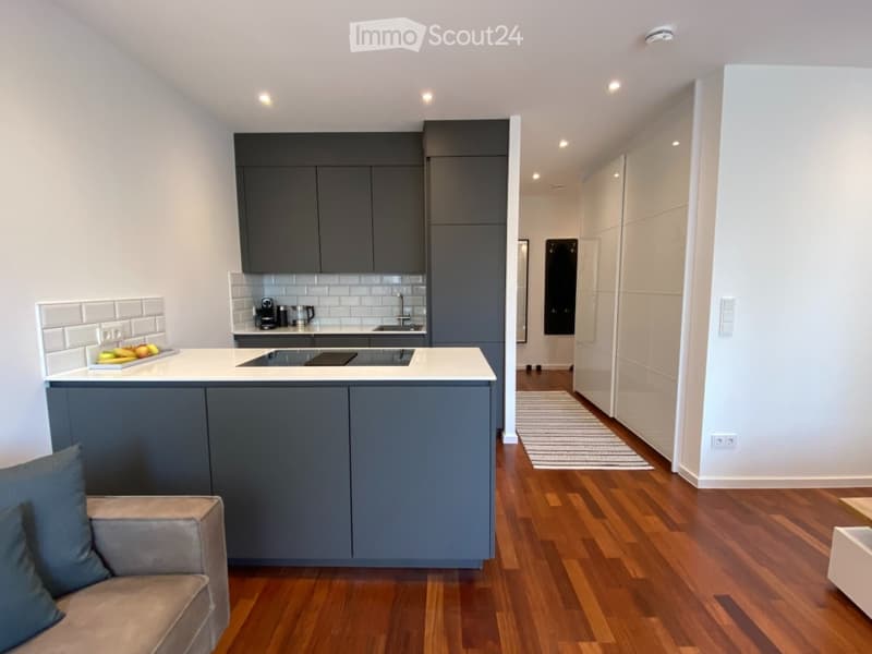 Modern kitchen with grey cabinets, white countertops, and a central island. The space features a sofa, coffee table, and a small rug in the adjacent living area. The kitchen includes a sink, faucet, and various appliances.