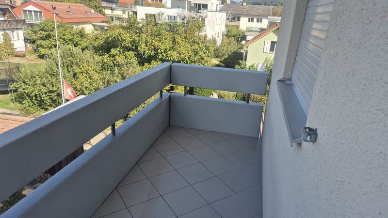 Balcony with tiled floor and grey railing, overlooking a residential area with trees and houses.