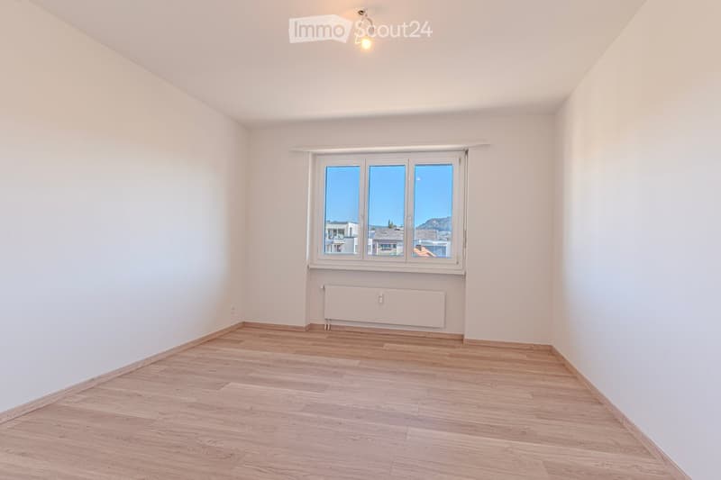Empty room with light wooden flooring, white walls, and a large window offering a view of the outside. A radiator is visible below the window, and the ceiling has a simple light fixture.