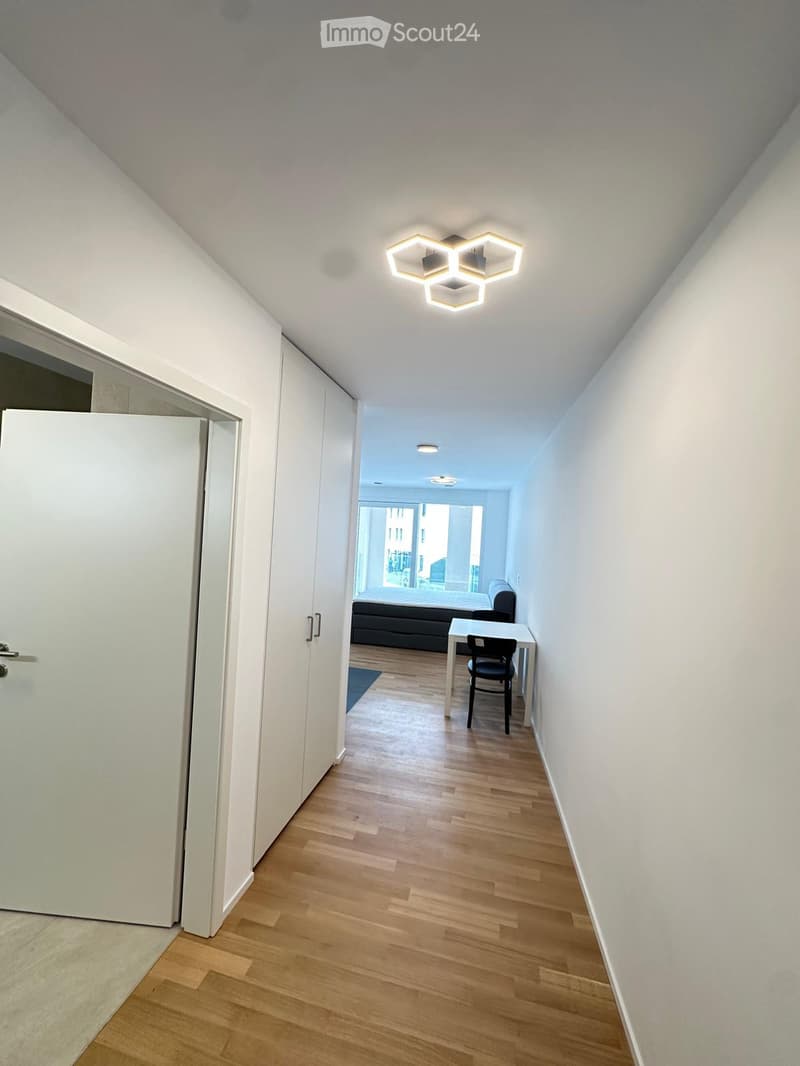 A modern hallway with wooden flooring, white walls, and a geometric ceiling light fixture. The hallway leads to a room with a bed, a small table, and a chair visible in the background.