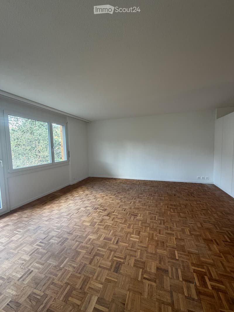 Empty room with wooden herringbone flooring, white walls, and large windows letting in natural light.