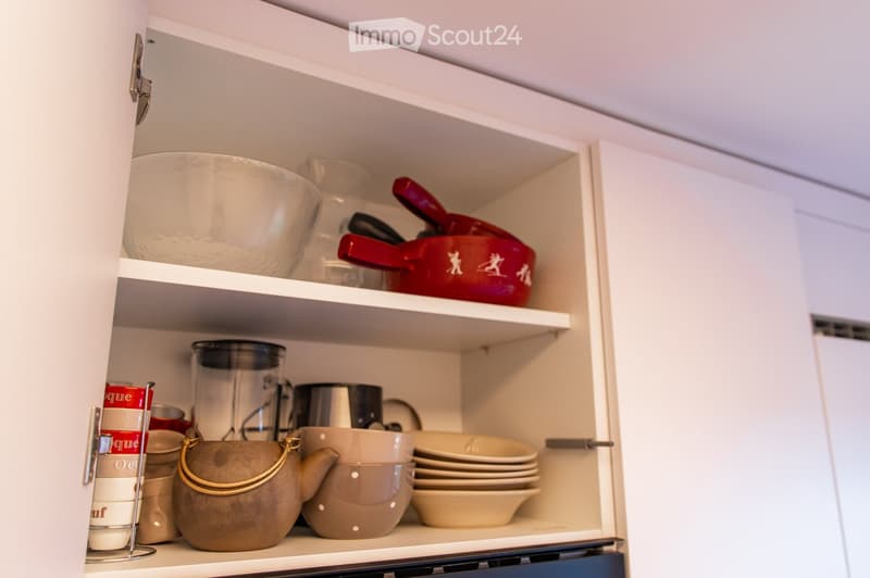 Open kitchen cabinet with neatly organized kitchenware including bowls, teapots, cups, a blender, canned goods, and plates.