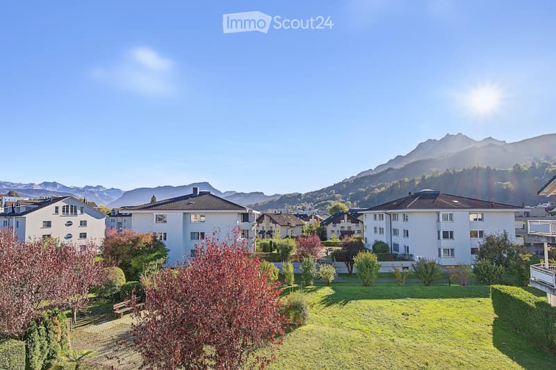 A well-maintained garden area with green grass, trees, and shrubs, surrounded by residential buildings and a scenic mountain backdrop under a clear blue sky.
