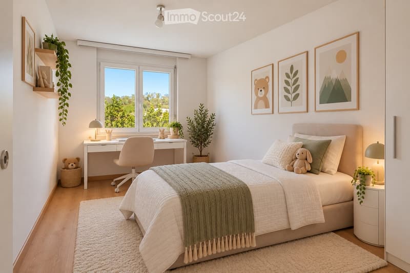 Cozy bedroom with a large bed, nightstand, desk, and various decorative items including plants and artwork.