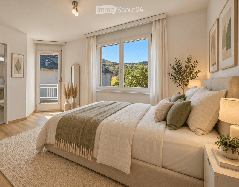 Modern bedroom with a large bed, nightstand, lamp, mirror, vases, and a scenic view through large windows.