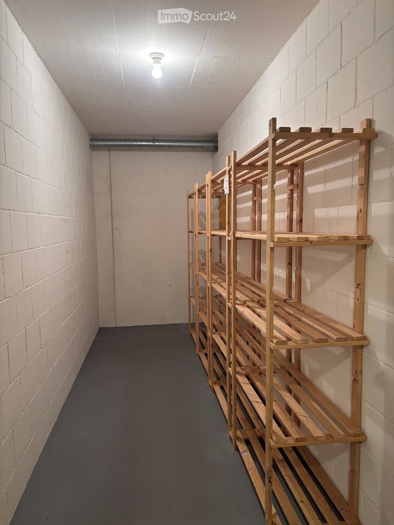 Empty hallway with white brick walls, grey floor, and wooden shelving units on the right side.