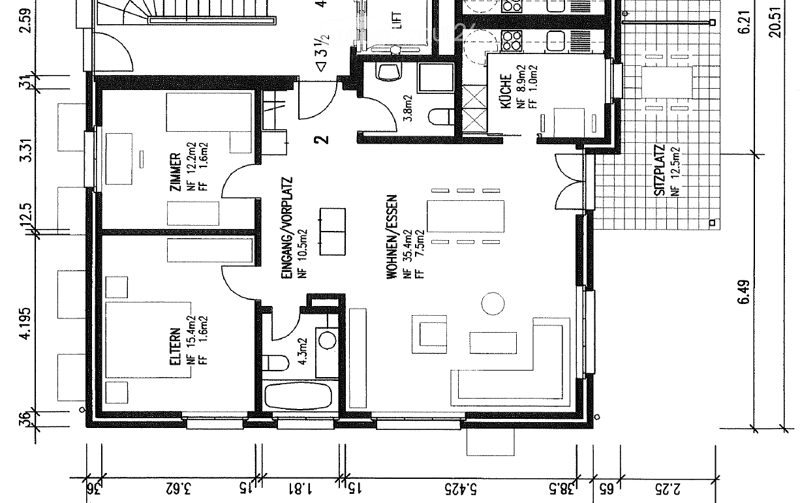 Floor plan of a residential unit featuring a living/dining area, kitchen, three bedrooms, and a bathroom.