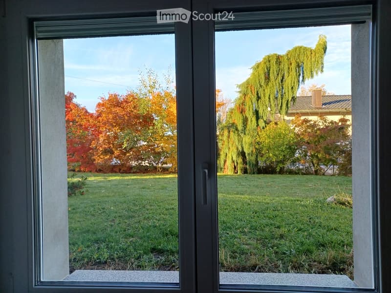 View from a balcony or terrace showing a well-maintained lawn, colorful autumn trees, and a neighboring house with a chimney.