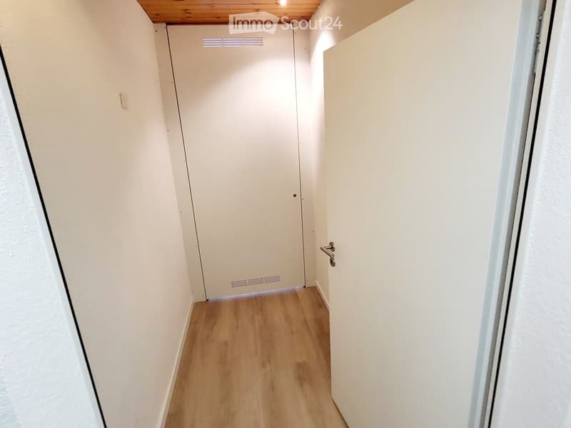 A narrow hallway with light wooden flooring, white walls, and a closed door at the end.