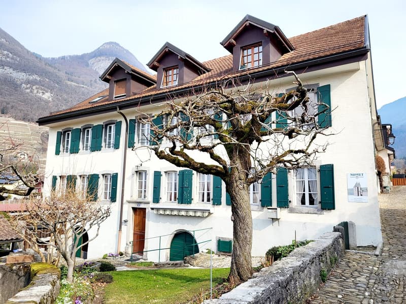 A two-story white house with green shutters and a brown tiled roof, situated in a scenic mountainous area with a stone pathway and a tree in the front yard.