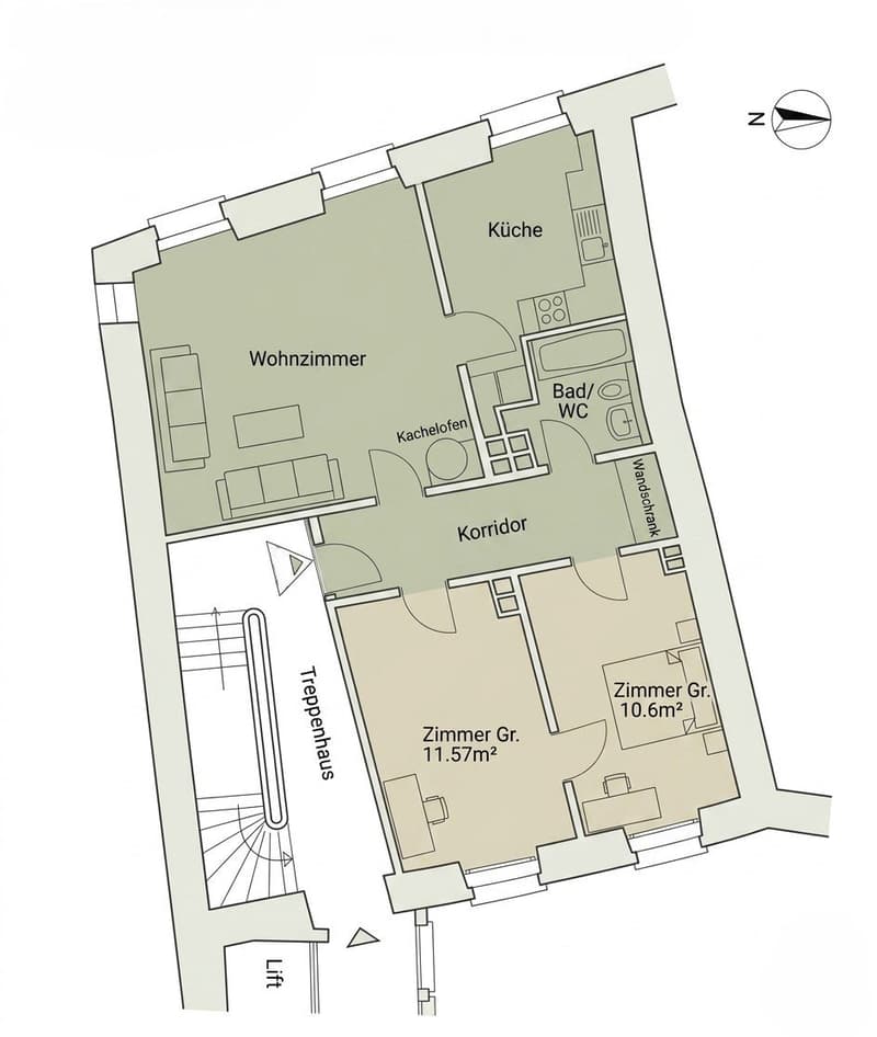 Floor plan of a 2-story house with living room, kitchen, two bedrooms, bathroom, hallway, staircase, and elevator.