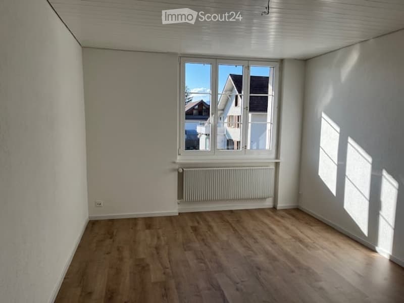 Empty room, hardwood floors, white walls, radiator, large window, view
