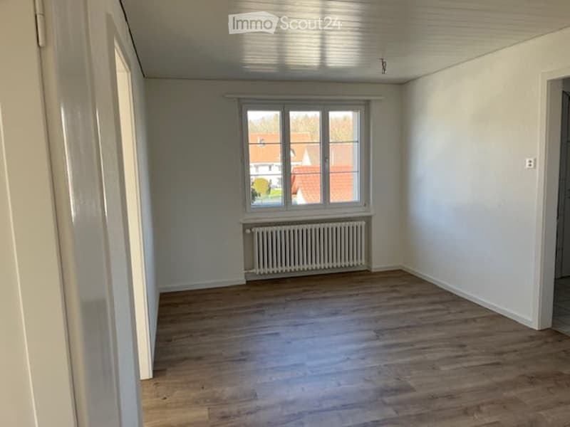 room with wooden floor, white walls, white radiator, large window, no furniture