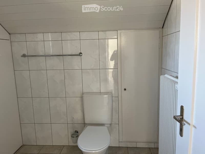 modern bathroom with white tiles, toilet, white radiator, metal towel rack