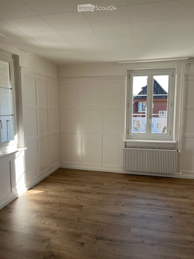 Wooden floor, white walls, white windows, white radiator