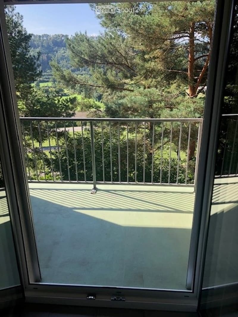 Balcony with metal railing, overlooking a lush green landscape with trees and hills.