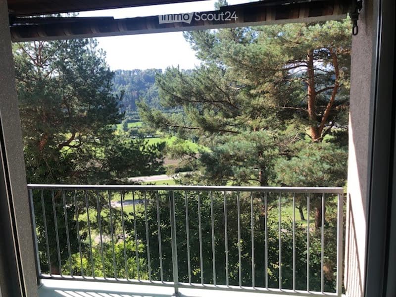 Balcony with metal railing overlooking a lush, green landscape of trees and fields.