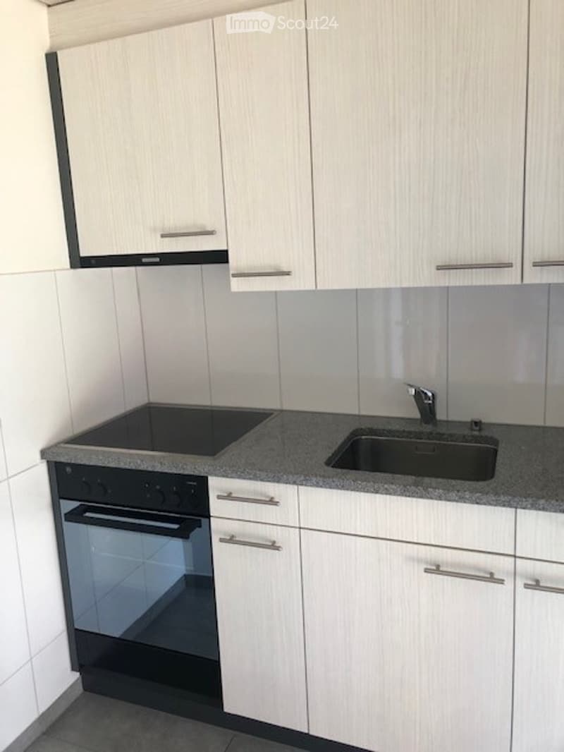 Modern kitchen with white cabinets, a black countertop, an electric stovetop, and a sink with a faucet.