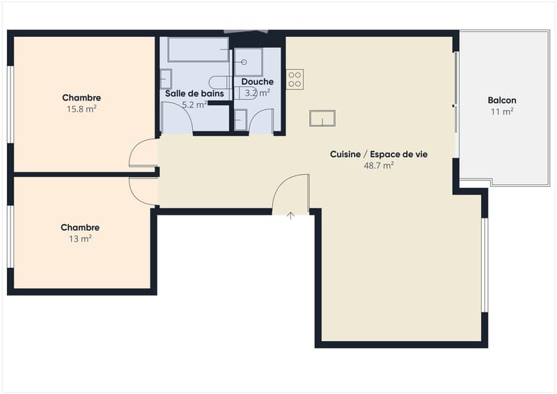 Floor plan showing a 2-bedroom apartment with a combined kitchen/living space, bathroom, shower, and balcony.