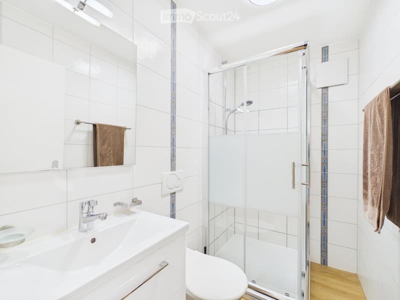 Modern bathroom with white tiles, a sink with a chrome faucet, a mirror, a glass-enclosed shower, and a toilet. Two towels are hanging on the walls.