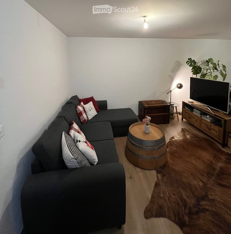 Modern living room with a dark grey sectional sofa, wooden coffee table made from a barrel, TV stand with flat-screen TV, floor lamp, side table, and a large plant in the corner.
