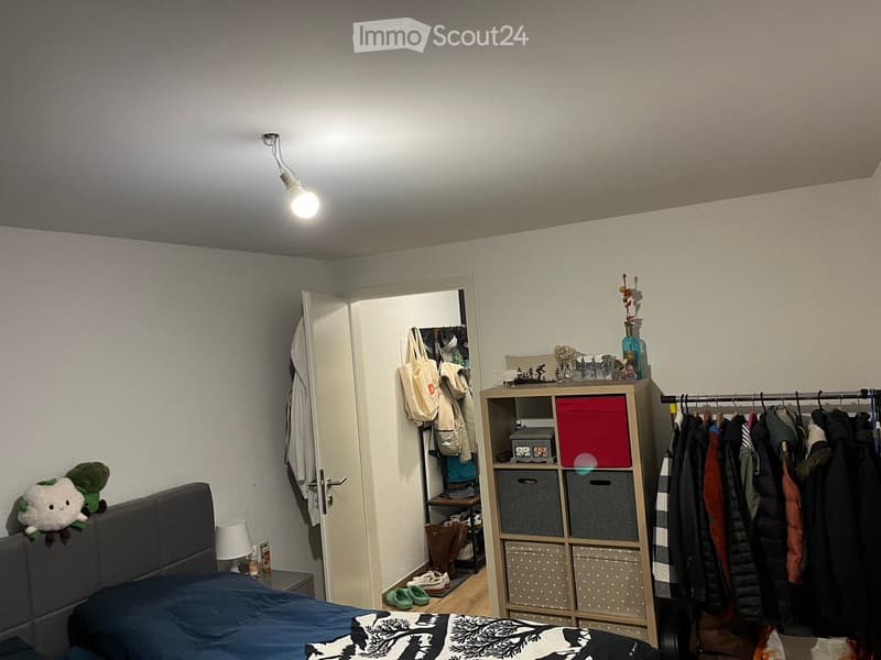 A small, modern bedroom with a grey bed, a nightstand with a lamp, a storage unit with various items, a clothing rack, and a handbag hanging on the wall.