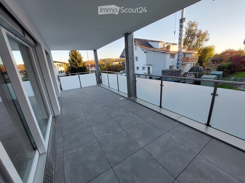 Modern balcony with grey tiled floor, white glass balustrade, and metal railings, overlooking a residential area with houses and trees.